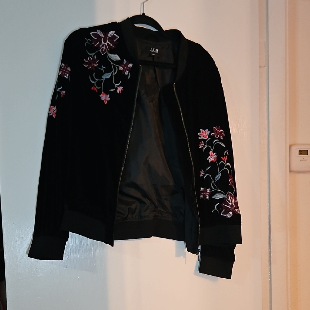 a.n.a Black Velvet Bomber Jacket with Pink Floral Embroidery